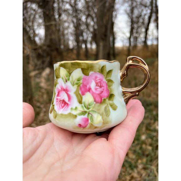 Vintage Lefton Heritage Rose Hand Painted Green Demitasse Cup Saucer - Picture 3 of 11